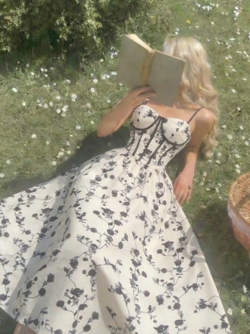 Floral Corset Midi Dress in Cream and Black